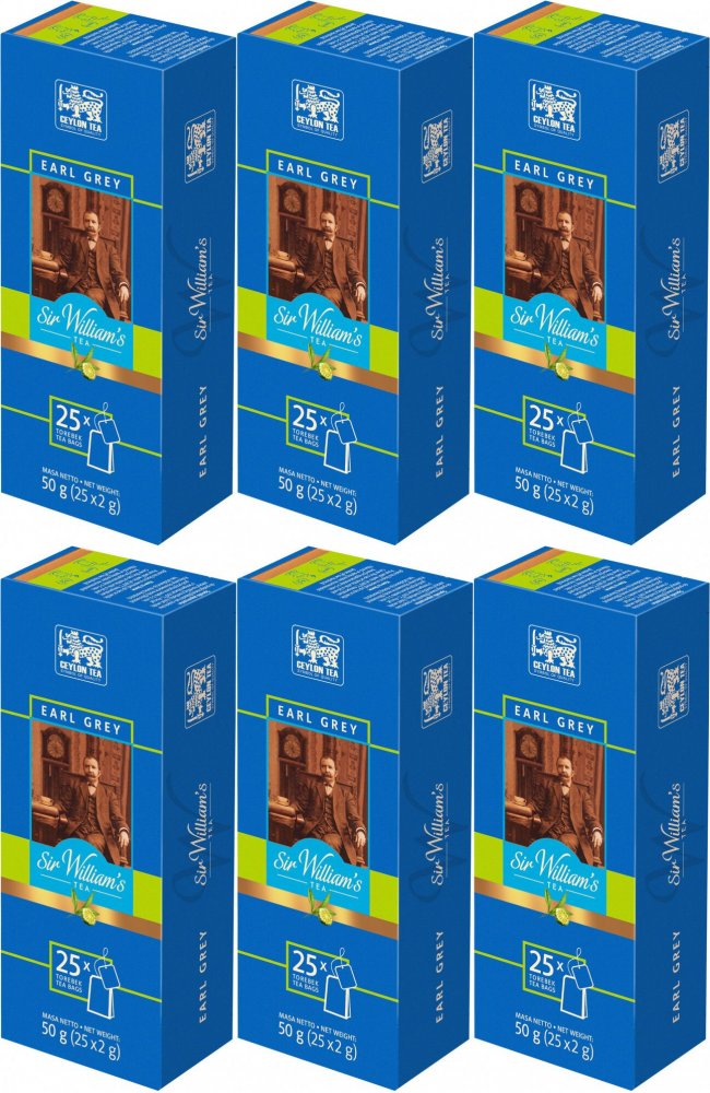 6x Herbata Earl Grey w torebkach Sir William's London, 25 sztuk x 2g