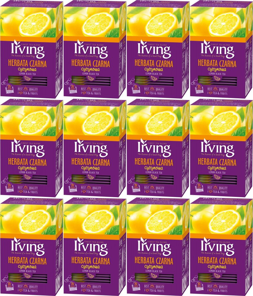 12x Herbata czarna aromatyzowana w kopertach Irving, cytrynowy, 20 sztuk x 1.5g