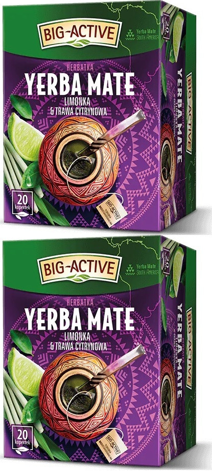 2x Herbata Yerba Mate w kopertach Big Active, ziołowa, limonka i trawa cytrynowa, 20 sztuk x 1.5g