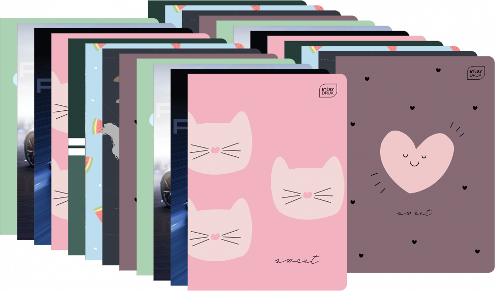 20x Zeszyt w wąskie linie Interdruk, A5, miękka oprawa, 32 kartki, mix wzorów