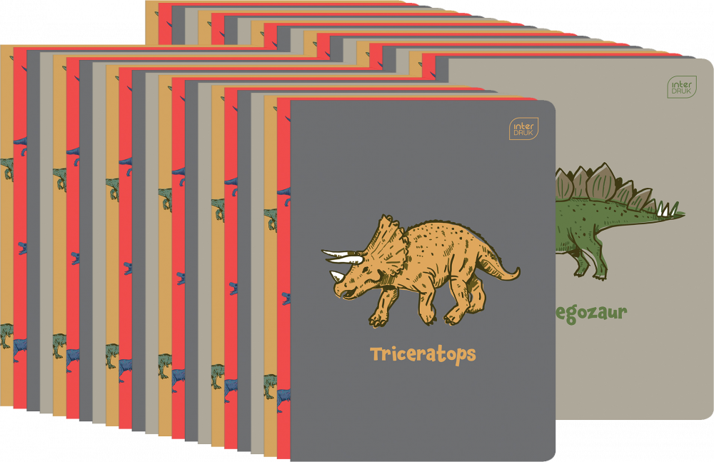 60x Zeszyt w wąskie kolorowe linie Interdruk UV Dinozaurus, A5, 32 kartki, mix wzorów