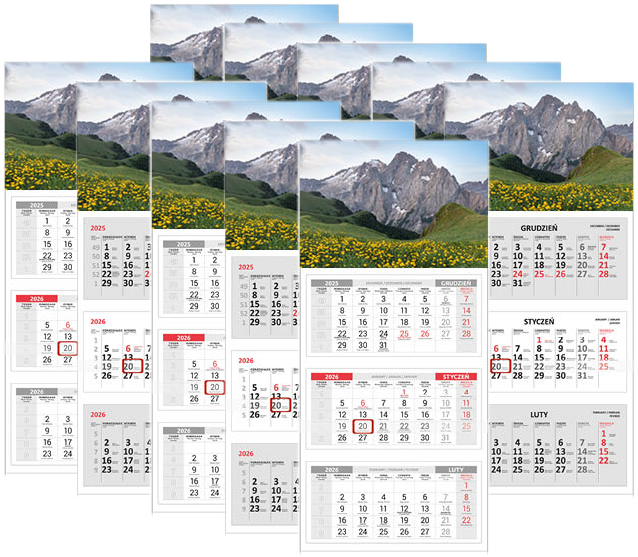 10x Kalendarz ścienny 2026, Udziałowiec, trójdzielny, 310x680mm góry