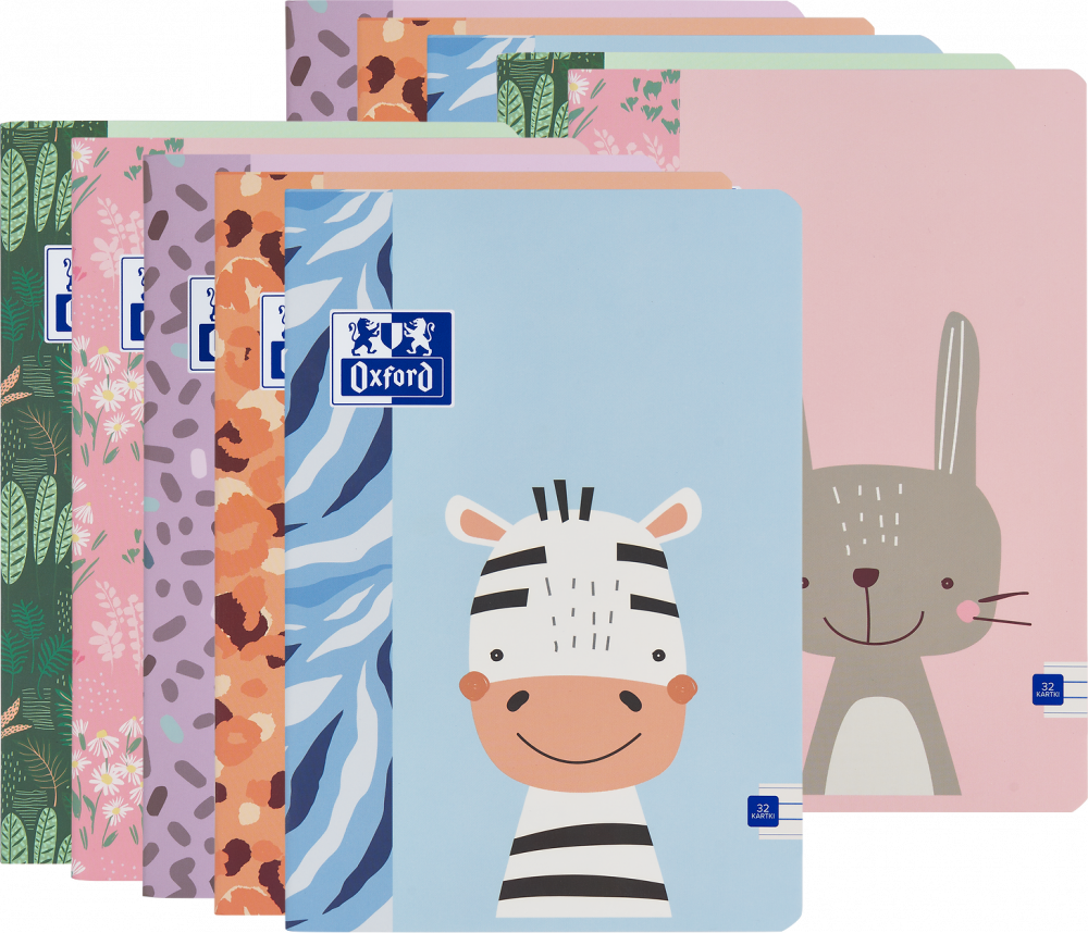 10x Zeszyt w wąskie linie Oxford Kids, A5, miękka oprawa, 32 kartki, mix wzorów