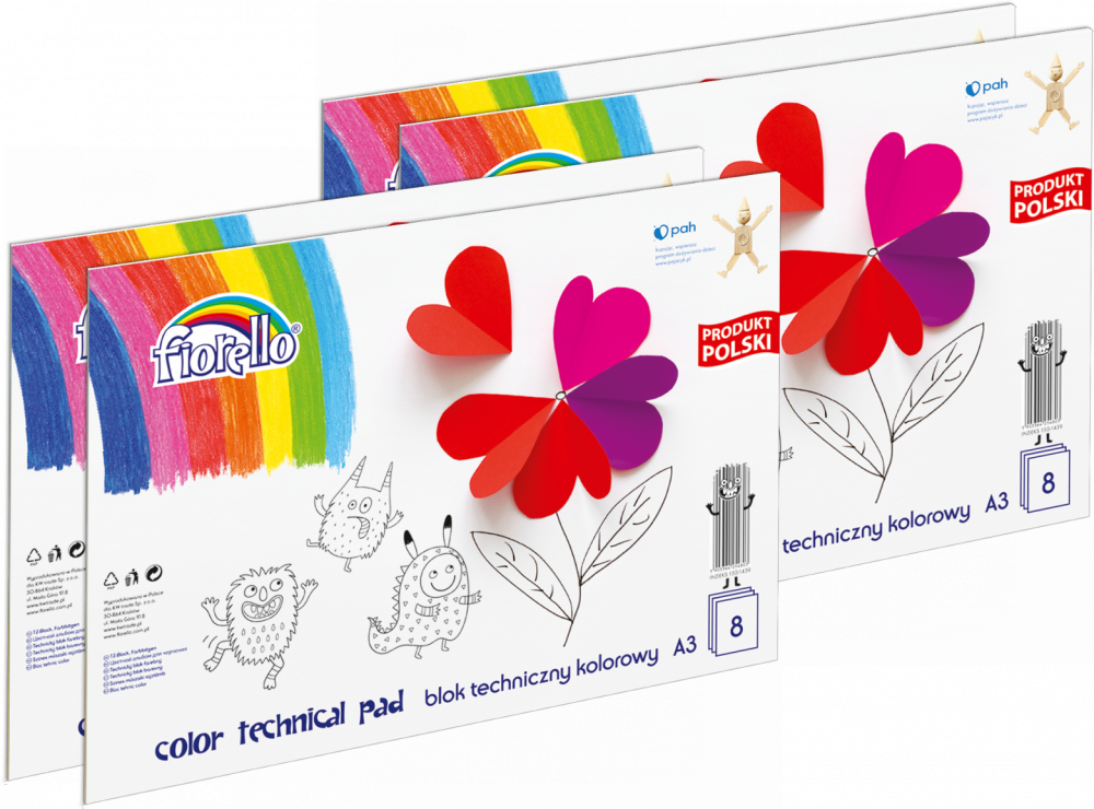 4x Blok techniczny kolorowy Fiorello, A3, 8 kartek, kolorowy