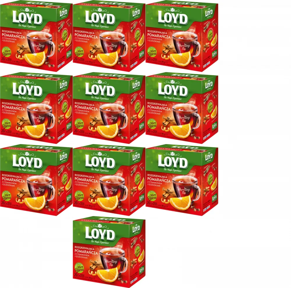 10x Herbata owocowa w kopertach Loyd Rozgrzewająca Pomarańcza z Cynamonem i Goździkami, 20 sztuk x 2g