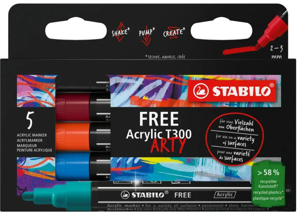 Pisak akrylowy Stabilo Free Acrylic T300 692/5-01 Urban Set, okrągła, 2-3mm, 5 sztuk, mix kolorów