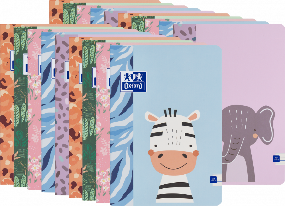 20x Zeszyt w wąskie linie Oxford Kids, A4, miękka oprawa, 32 kartki, mix wzorów