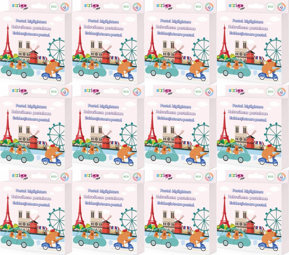 12x Zakreślacze Strigo Capybara Eko, ścięta, 1-5mm, 4 sztuki, mix kolorów pastelowych