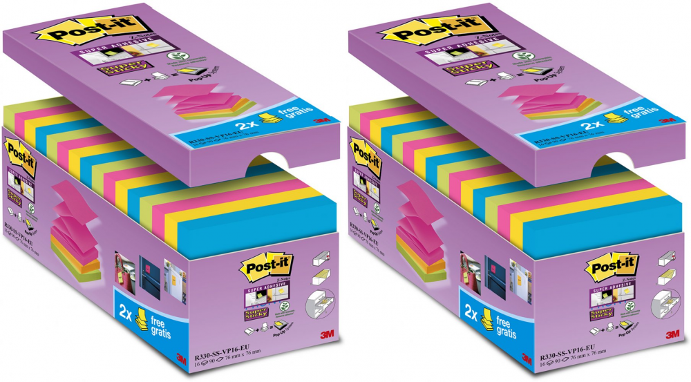 2x Karteczki samoprzylepne Post-It Super Sticky Z-Notes (R330-SS-VP16), 76x76mm, 16 (14+2 gratis) x 90 karteczek, mix kolorów