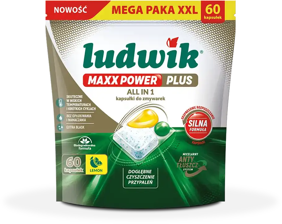 Kapsułki do zmywarek Ludwik Maxx Power Plus All in One, lemon, 990g, 60 sztuk