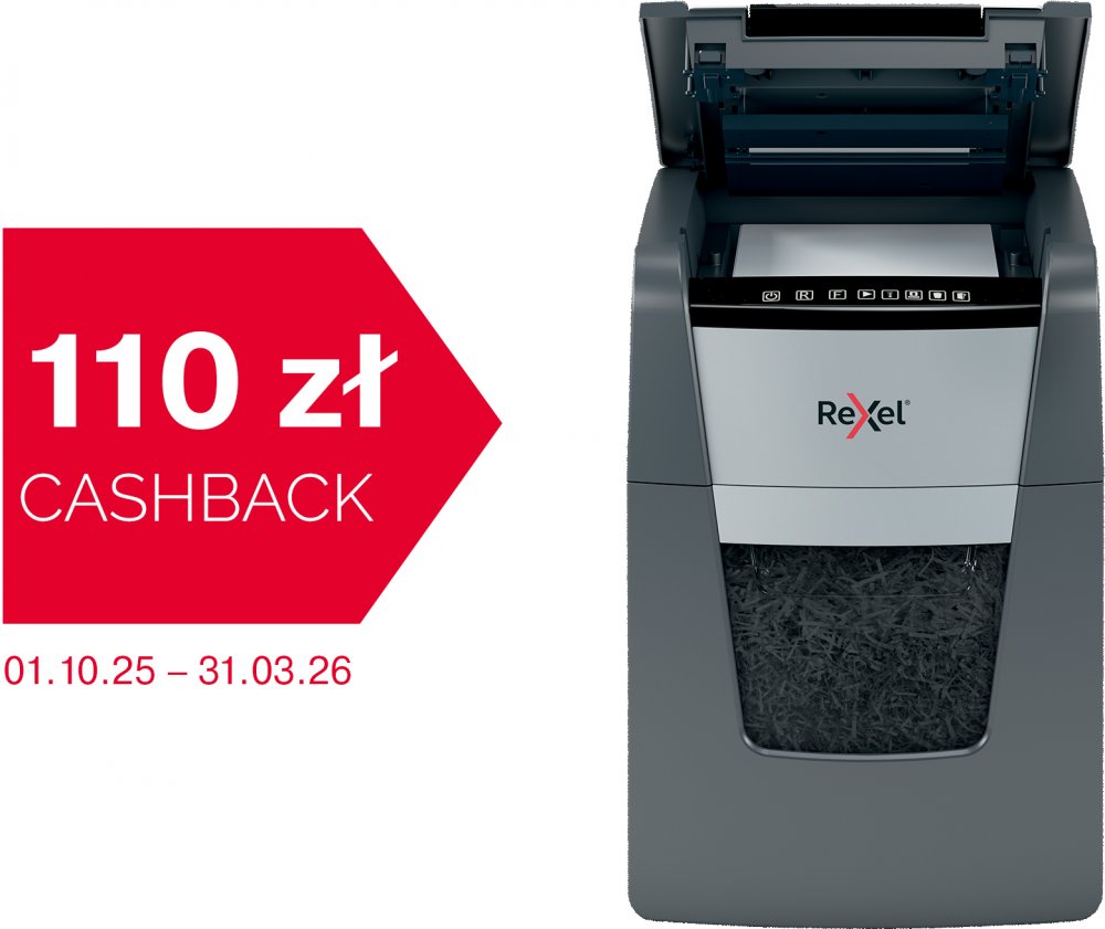 Niszczarka do papieru automatyczna Rexel Optimum AutoFeed+ 100X, konfetti 4x28 mm, 100 kartek, P-4 DIN, czarno-srebrny