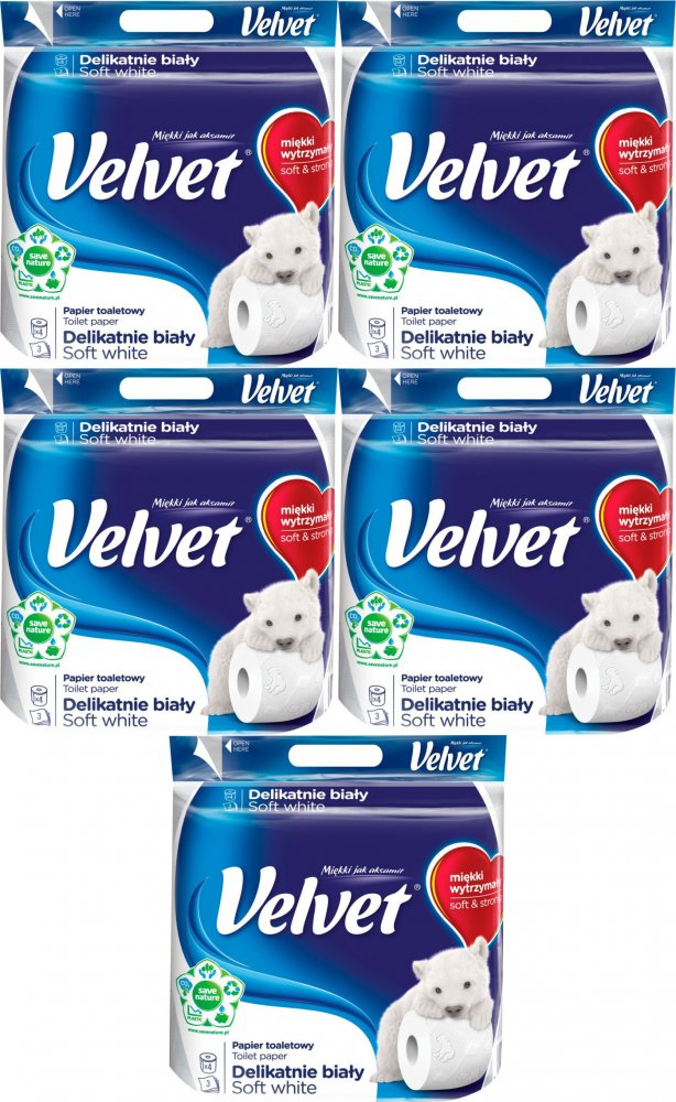 5x Papier toaletowy Velvet, 3-warstwowy, 4 rolki, delikatnie biały