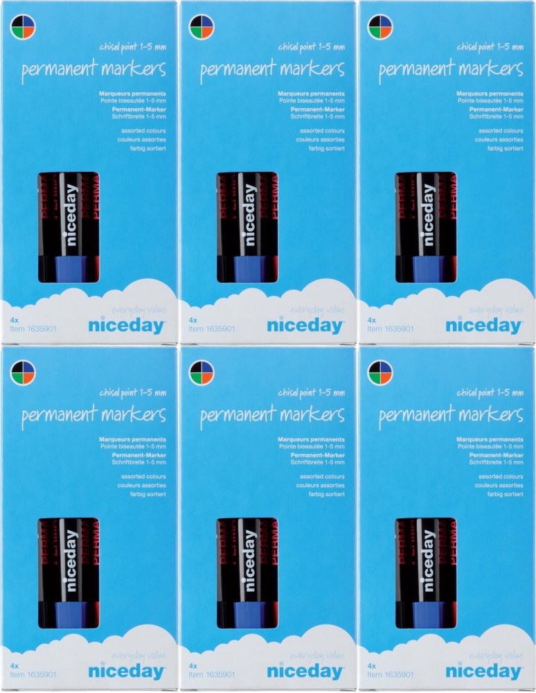 6x Marker permanentny Niceday, okrągła, 4 sztuki, 2mm, mix kolorów