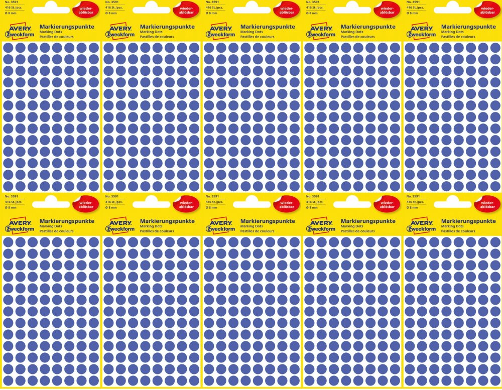 10x Etykiety usuwalne Avery Zweckform, okrągłe, średnica 8mm, 4 arkusze, 416 sztuk, niebieski