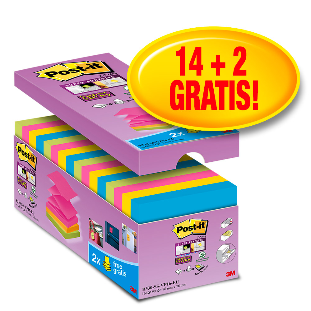 Karteczki samoprzylepne Post-It Super Sticky Z-Notes (R330-SS-VP16), 76x76mm, 16 (14+2 gratis) x 90 karteczek, mix kolorów