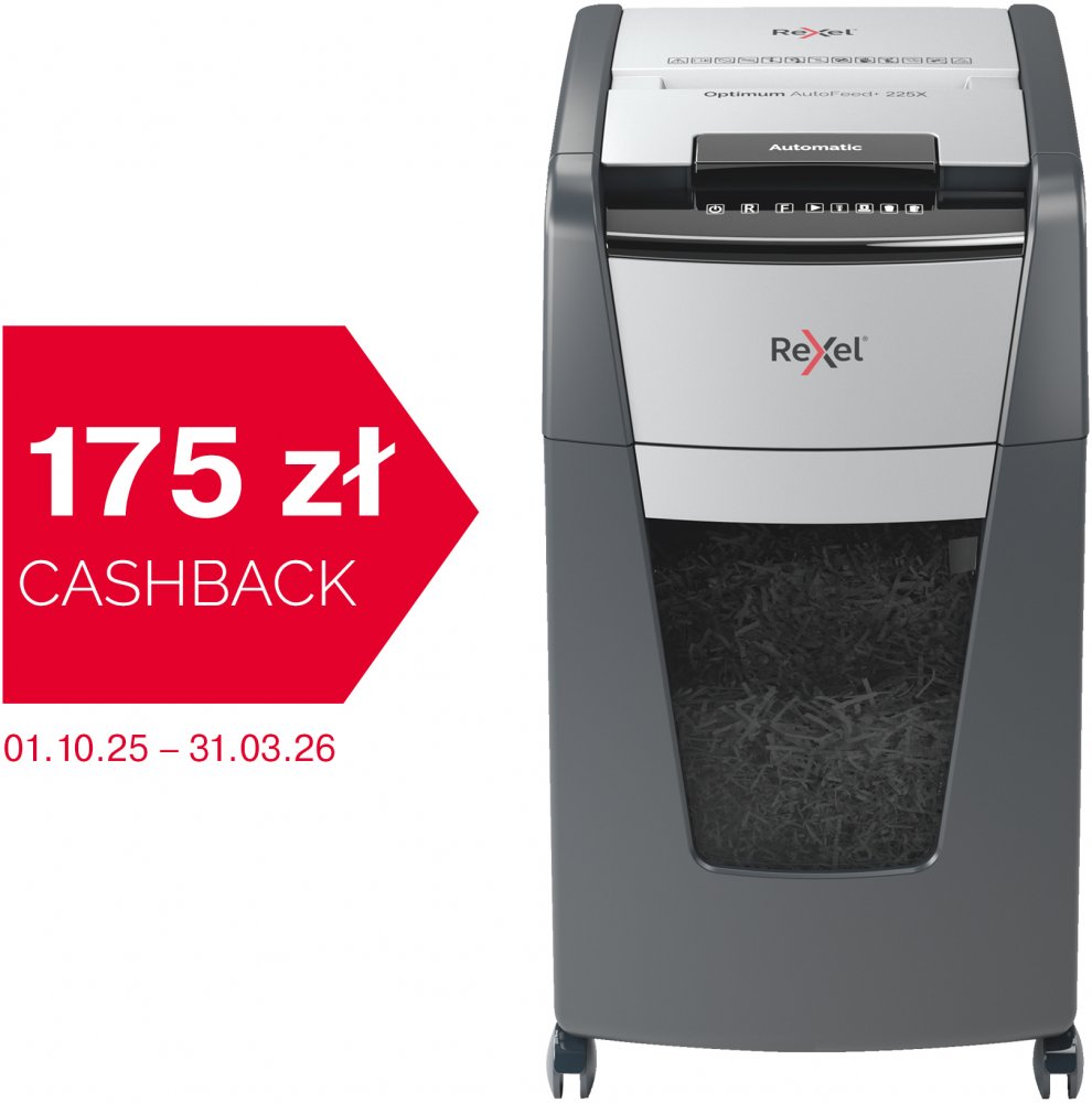Niszczarka do papieru automatyczna Rexel Optimum AutoFeed+ 225X, konfetti 4x26 mm, 225 kartek, P-4 DIN, czarno-srebrny