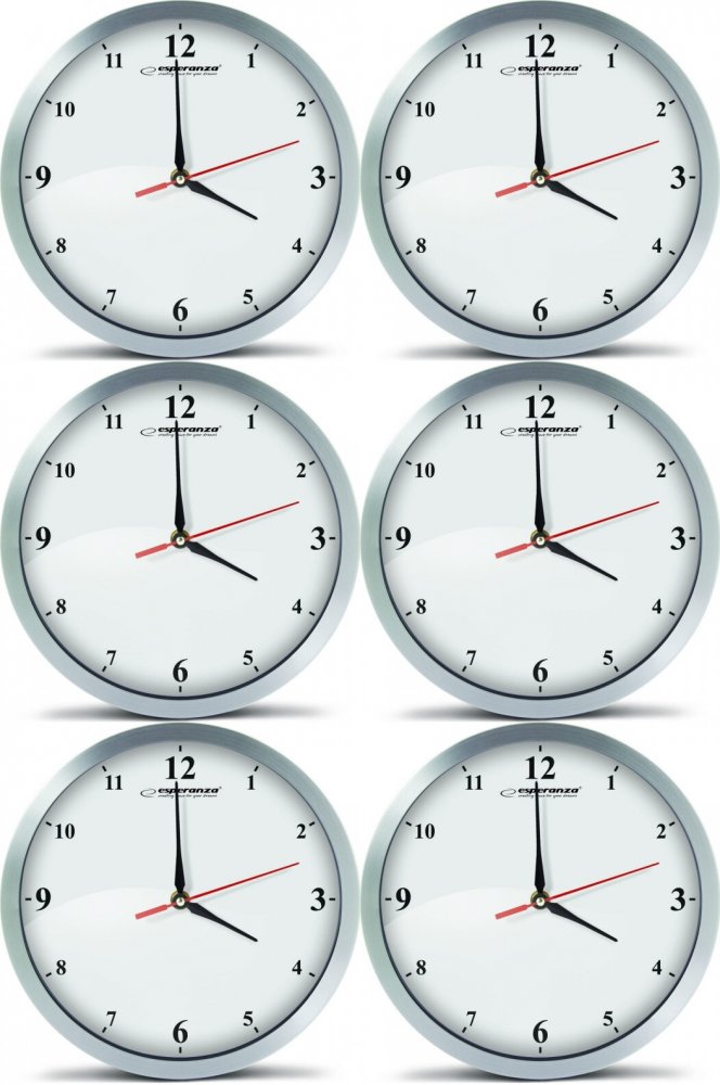 6x Zegar ścienny Esperanza Detroit, 30cm, tarcza kolor biały, obudowa kolor biały