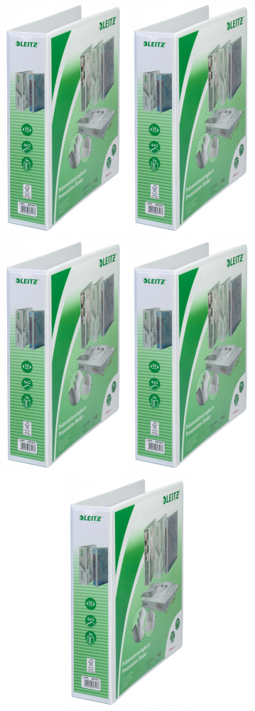 5x Segregator prezentacyjny Leitz, A4, szerokość grzbietu 77mm, do 480 kartek, 4 ringi, biały