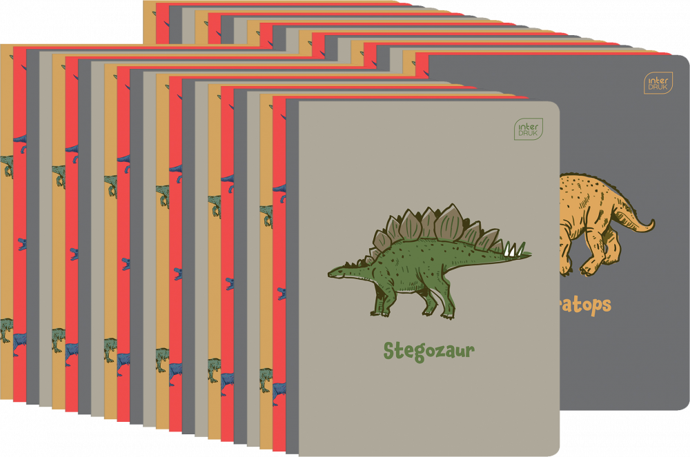 50x Zeszyt w wąskie kolorowe linie Interdruk UV Dinozaurus, A5, 32 kartki, mix wzorów
