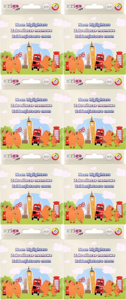 8x Zakreślacze Strigo Capybara Eko, ścięta, 1-5mm, 4 sztuki, mix kolorów neonowych