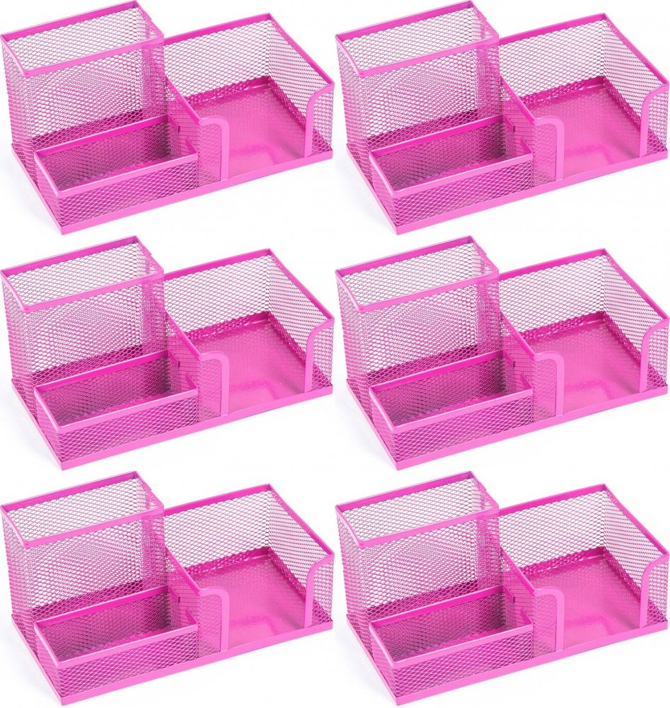 6x Przybornik na biurko Leviatan, metalowy (druciany), 3 przegrody, 205x103x98mm, różowy