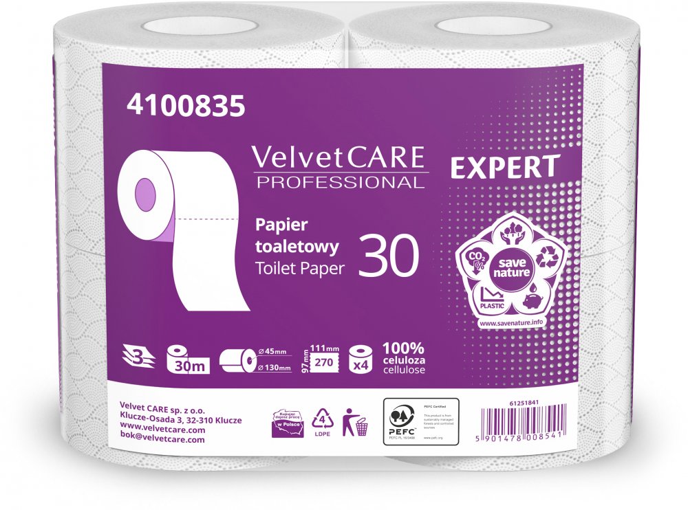 Papier toaletowy VelvetCARE Professional, 3-warstwowy, 30m, 4 rolki, biały