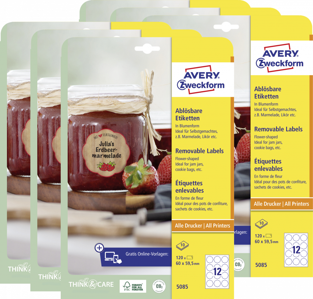 6x Etykiety usuwalne na słoiki Avery Zweckform, 60x59.5mm, 10 arkuszy, kształt kwiatu, biały