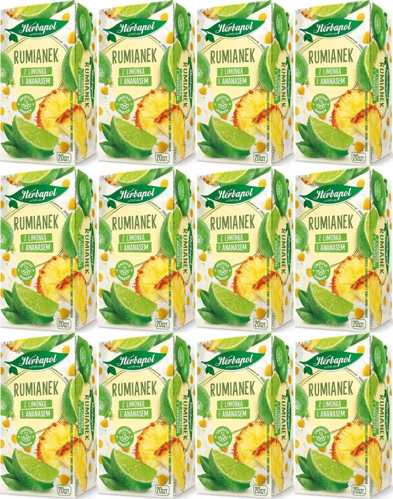 12x Herbata w torebkach Herbapol, rumianek z limonką i ananasem, 20 sztuk x 1.5g