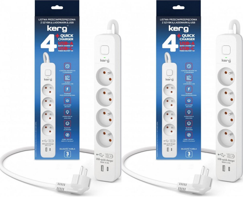 2x Listwa przeciwprzepięciowa Kerg, 3m, 4 gniazda + szybka ładowarka 1xUSB-A/1x USB-C, biało-szary