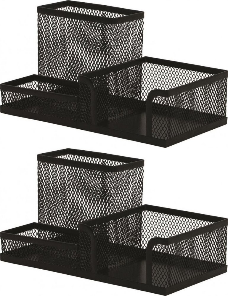 2x Przybornik na biurko Q-Connect Office Set, bez wyposażenia, metalowy (druciany), 3 przegrody, 205x103x98mm, czarny