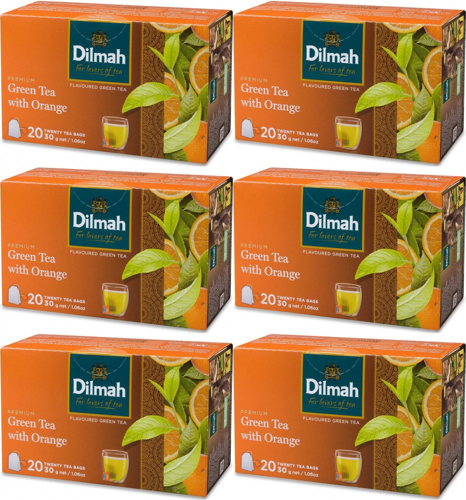 6x Herbata zielona smakowa w torebkach Dilmah, Green Tea with Orange, pomarańcza, 20 sztuk x 1.5g