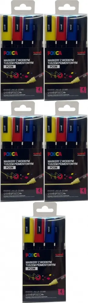 5x Marker Posca PC-5M, z farbą plakatową, okrągła, 4 sztuki, mix kolorów