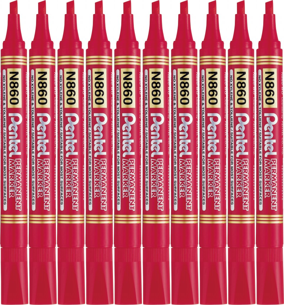 10x Marker permanentny Pentel N860, ścięta, 4.5mm czerwony