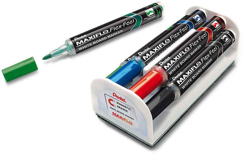 Marker suchościeralny Pentel, Maxiflo Flex-Feel MWL5SBF, 4mm, 4 sztuki + gąbka magnetyczna