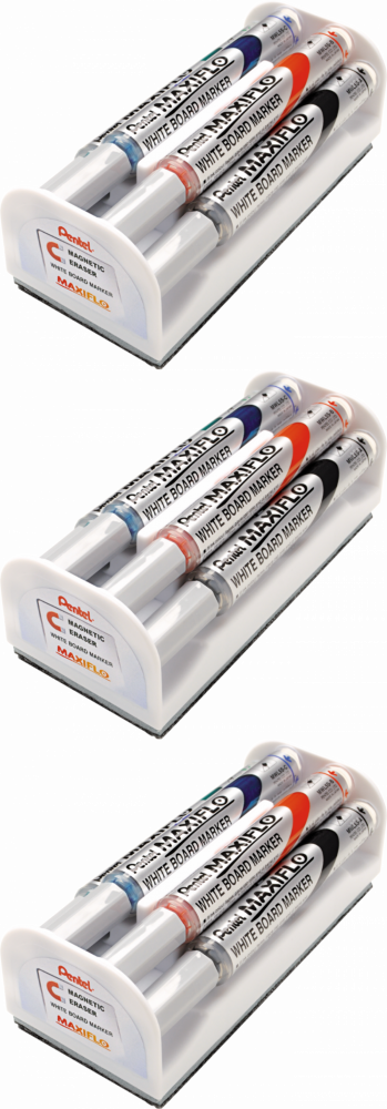 3x Marker suchościeralny Pentel Maxiflo MWL5S, z tłoczkiem, okrągła, 4 sztuki, 4mm, mix kolorów + gąbka magnetyczna