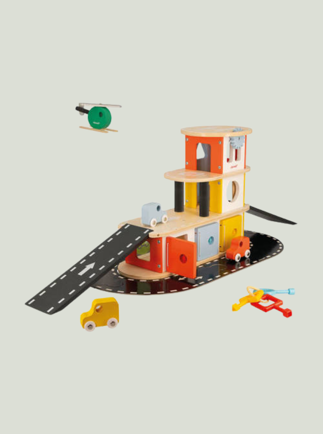 Drewniany garaż piętrowy z 4 akcesoriami Bolid 2+ JANOD