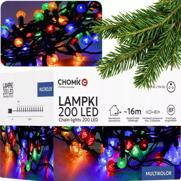 Lampki zewnętrzne/wewnętrzna 200 LED kulki multicolor 16 + 3m zasilania