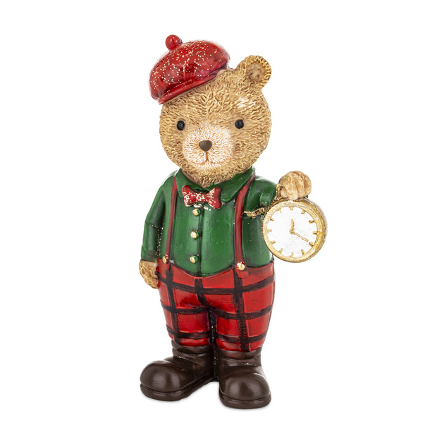 Figurka Miś w czerwono-zielonym garniturze złoty zegar w ręku 12,5cm