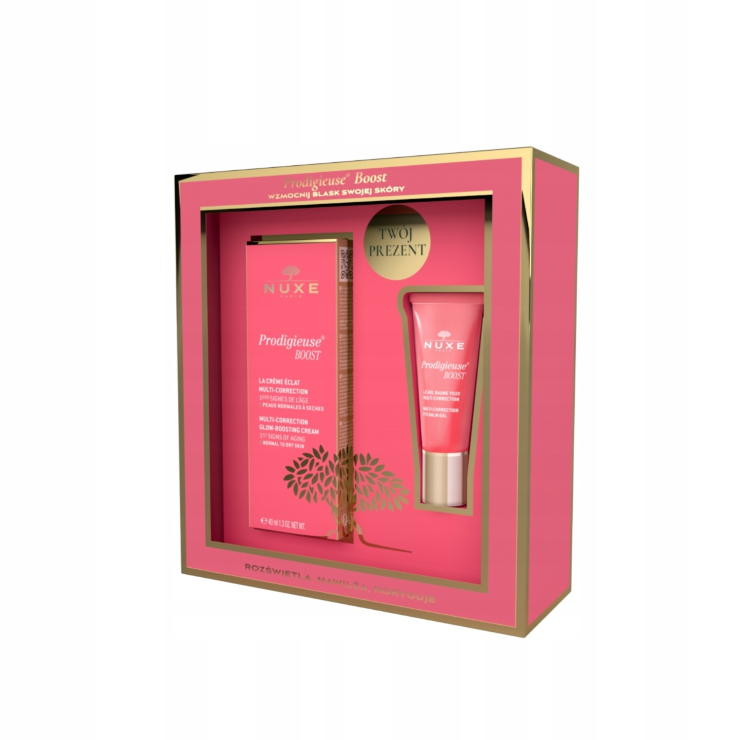 Nuxe - prodigieuse boost, żelowy krem do skóry suchej (40 ml) + żelowy balsam pod oczy (15 ml), 1 zestaw (data ważności: 31.03.2026)
