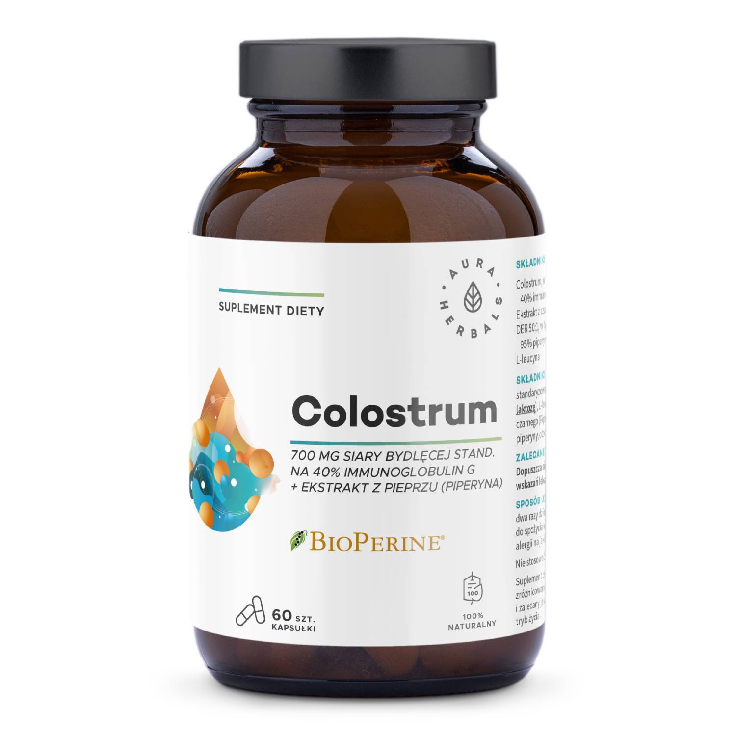 Aura herbals, colostrum 700 mg + bioperine, 60 kapsułek