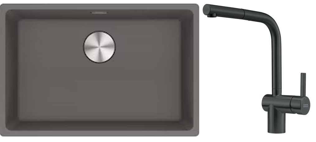 Franke Maris MRG 110-62 zlewozmywak 62x40 cm Fragranite kamienny szary z baterią kuchenną Atlas czarna stal szlachetna (1250687258, ...