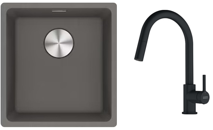 Franke Maris MRG 110-37 zlewozmywak 40x37 cm Fragranite kamienny szary z baterią kuchenną Lina czarny mat (1250687250, 1150626053)
