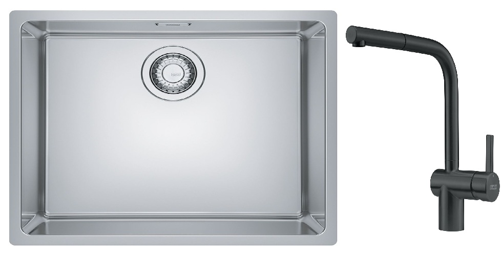 Zestaw Franke Maris zlewozmywak stalowy 50x40 cm z baterią Atlas Neo jedwab, czarna stal szlachetna (1220543996, 1150550427)