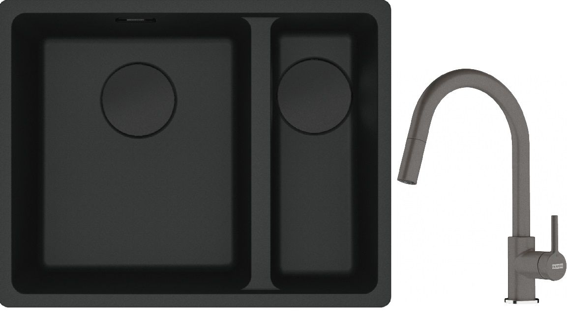 Franke Maris MRG 160-34-15SBR zlewozmywak 52x40 cm Fragranite czarny mat z baterią kuchenną Lina kamienny szary (1250697755, 1150626057)