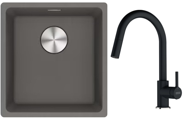 Franke Maris MRG 110-37 zlewozmywak 40x37 cm Fragranite kamienny szary z baterią kuchenną Lina onyx (1250687250, 1150626055)