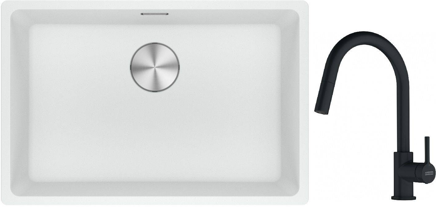 Franke Maris MRG 110-62 zlewozmywak 62x40 cm Fragranite biały polarny z baterią kuchenną Lina czarny mat (1250687259, 1150626053)