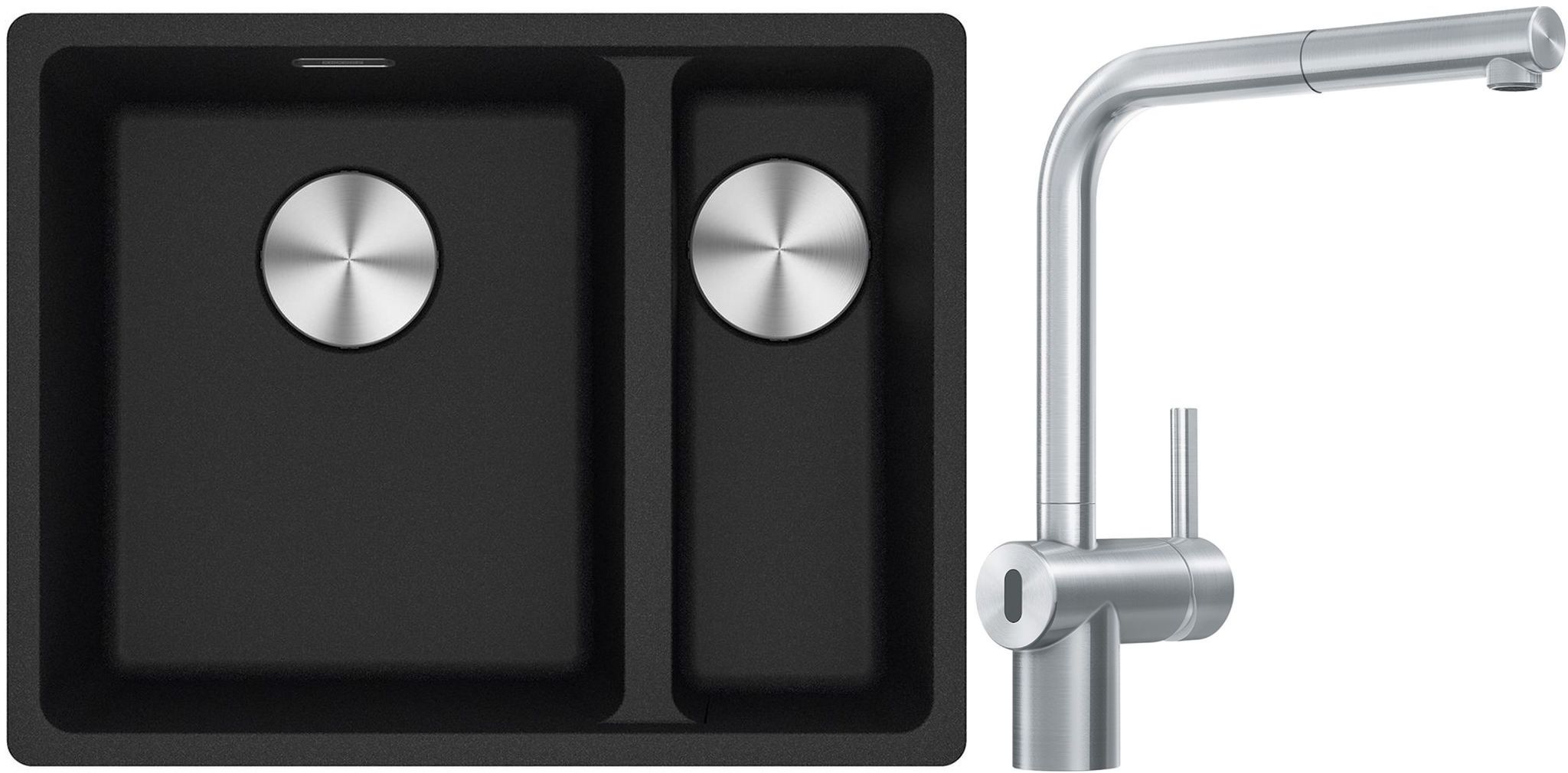 Franke Maris MRG 160-34-15SBR zlewozmywak 52x40 cm Fragranite onyx z baterią kuchenną Atlas Neo Sensor stal szlachetna (1250687265, ...