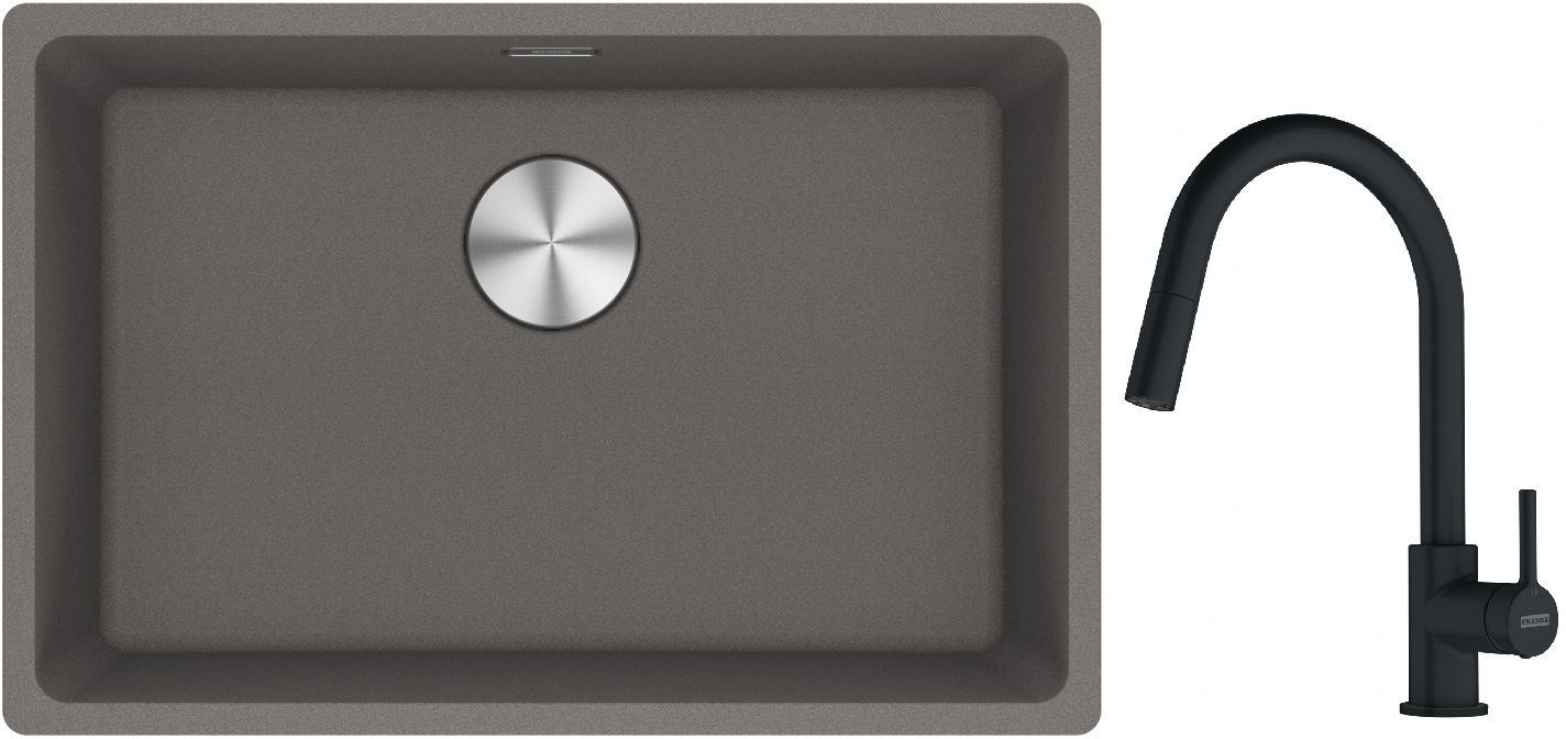 Franke Maris MRG 110-62 zlewozmywak 62x40 cm Fragranite kamienny szary z baterią kuchenną Lina czarny mat (1250687258, 1150626053)