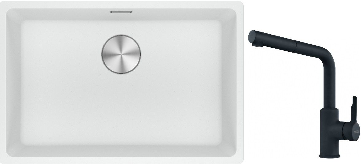 Franke Maris MRG 110-62 zlewozmywak 62x40 cm Fragranite biały polarny z baterią kuchenną Urban czarny mat (1250687259, 1150627523)