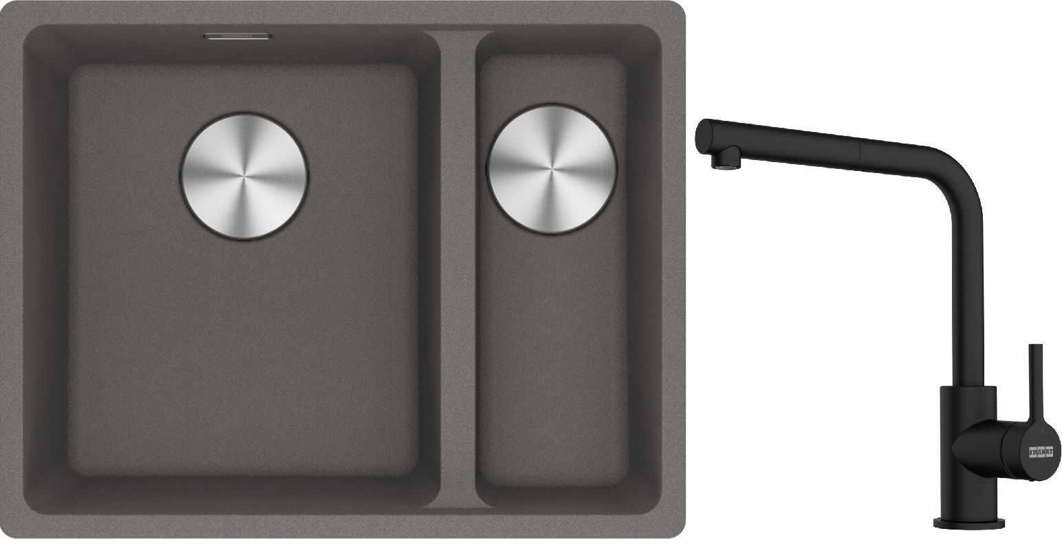 Franke Maris MRG 160-34-15SBR zlewozmywak 52x40 cm Fragranite kamienny szary z baterią kuchenną Lina czarny mat (1250687266, 1150712435)